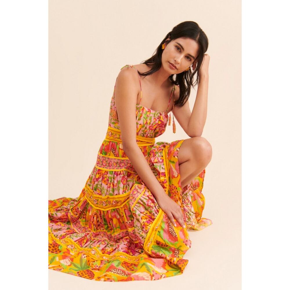 FARM Rio Yellow Pink Floral Tiered Midi Dress - Picture 4 of 12